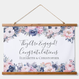 Marineblauwe roze bloemige botanische verlovingsba hangend wandkleed