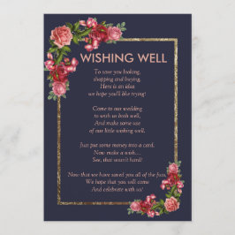 Marineblauwe Roze Bloemige Gouden Wishing Well Kaart