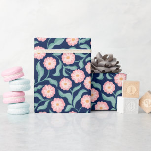 Marineblauwe Roze Bloemige Inpakpapier Schattige