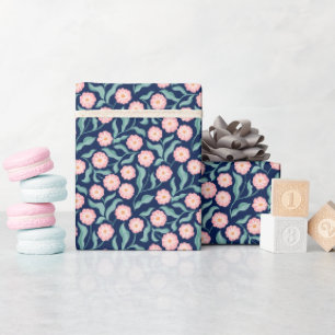 Marineblauwe Roze Bloemige Inpakpapier Schattige