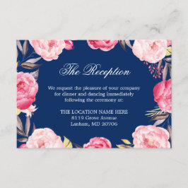 Marineblauwe Roze Bloemige Trouwdetails Ontvangst Informatiekaartje