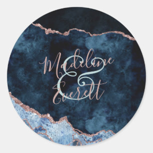 Marineblauwe Roze Gouden Agaat Marmeren Monogram T Ronde Sticker