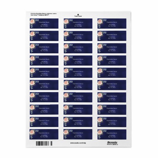 Marineblauwe roze gouden bloem terugadres etiket (Full Sheet)