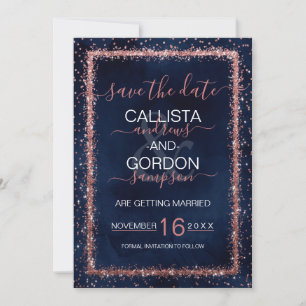 Marineblauwe Roze Gouden Gesprokkelde Confetti Bru Save The Date