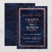 Marineblauwe roze gouden gestrooide confetti bruil save the date (Voorkant / Achterkant)