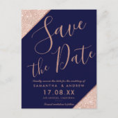 Marineblauwe roze gouden glitterscript save the da aankondigingskaart (Voorkant)