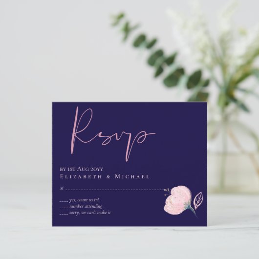 Marineblauwe roze gouden trouw-RSVP-menu (Staand voorkant)