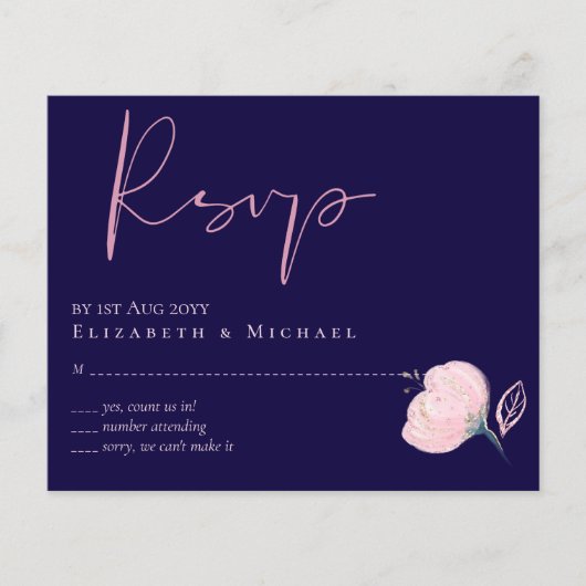 Marineblauwe roze gouden trouw-RSVP-menu (Voorkant)
