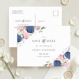 Marineblauwe & Roze Hortensia Save the Date-ansich Aankondigingskaart
