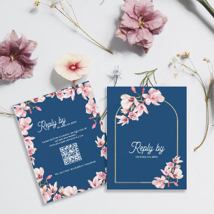 Marineblauwe Roze Magnolia Bloemige Huwelijksreact RSVP Kaartje