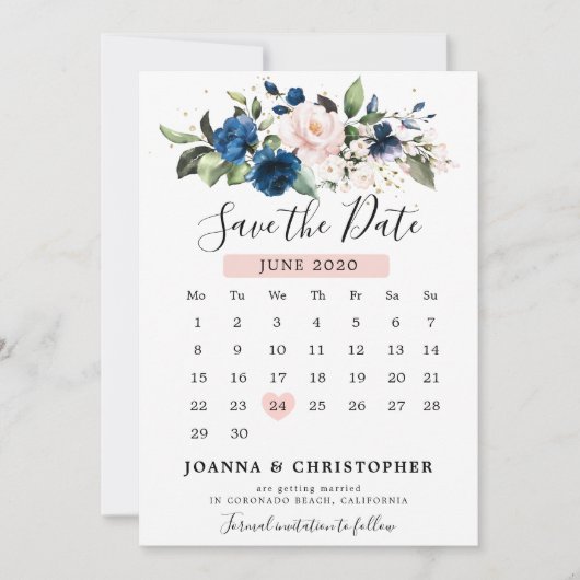 Marineblauwe Roze Roos Bloemige Kalender Save The Date (Voorkant)