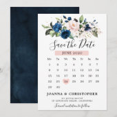 Marineblauwe Roze Roos Bloemige Kalender Save The Date (Voorkant / Achterkant)