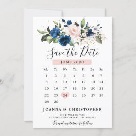 Marineblauwe Roze Roos Bloemige Kalender Save The Date