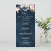 Marineblauwe Roze Roos Boho Bruiloft Menu (Staand voorkant)