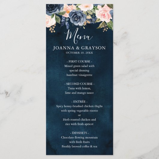 Marineblauwe Roze Roos Boho Bruiloft Menu (Voorkant)