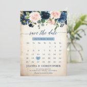Marineblauwe Roze Roos Botanische Bewaar de Datum Save The Date (Staand voorkant)