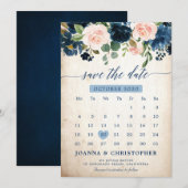 Marineblauwe Roze Roos Botanische Bewaar de Datum Save The Date (Voorkant / Achterkant)