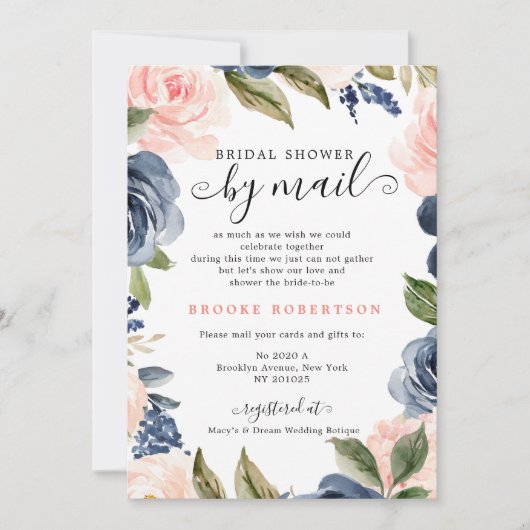 Marineblauwe Roze Roos Bruids douche per post Kaart (Voorkant)