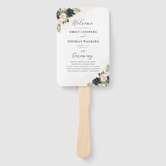 Marineblauwe & Roze Roze Bloemige Trouwprogramma H Handwaaier (Voorkant)