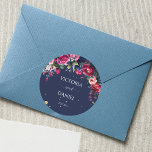Marineblauwe roze roze bruinroze bruiloft ronde sticker<br><div class="desc">Navy blue burgundy bloemen  rozen trouwmerken stickers.</div>