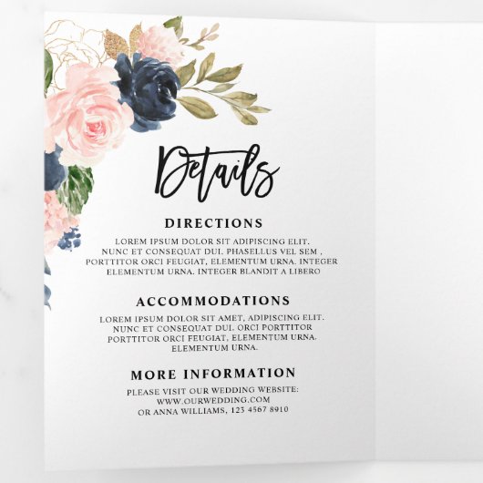 Marineblauwe roze snoerlampen drievoudige bruiloft drieluik aankondiging (Binnenzijde eerst)