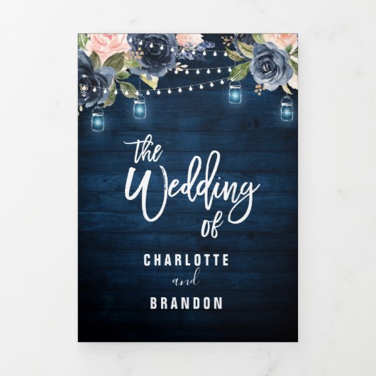 Marineblauwe roze snoerlichten drievoudige bruilof drieluik aankondiging (Cover)