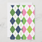 Marineblauwe & Roze Split Argyle Golf Feest Uitnod Kaart (Achterkant)