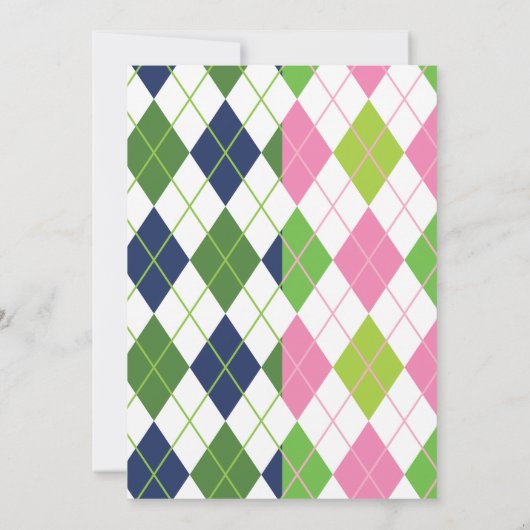 Marineblauwe & Roze Split Argyle Golf Feest Uitnod Kaart (Achterkant)