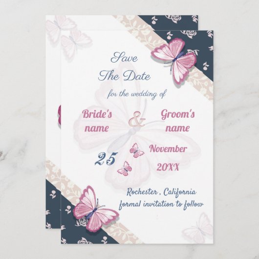 marineblauwe roze vlinders , behalve de datum (Voorkant / Achterkant)