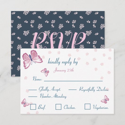 marineblauwe roze vlinders reactiekaart RSVP (Voorkant / Achterkant)