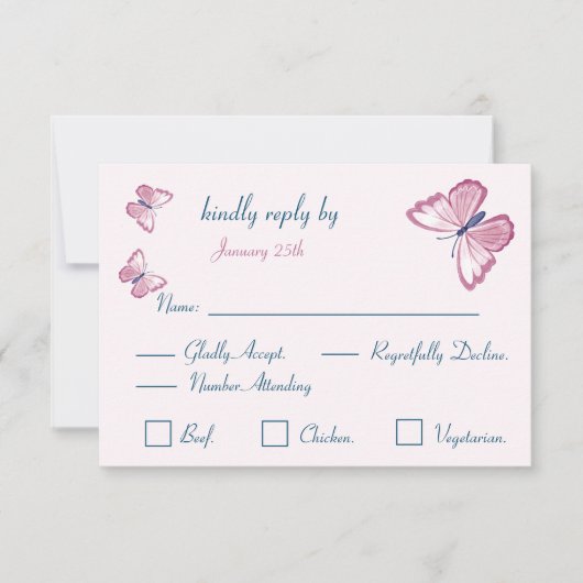 marineblauwe roze vlinders reactiekaart RSVP Kaartje (Voorkant)