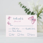 marineblauwe roze vlinders reactiekaart RSVP Kaartje (Staand voorkant)