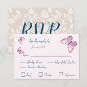 marineblauwe roze vlinders reactiekaart RSVP Kaartje (Voorkant / Achterkant)
