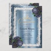 Marineblauwe Rozen, Glitter Lijst Crown Metallic Kaart (Voorkant / Achterkant)