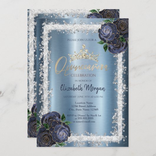 Marineblauwe Rozen, Glitter Lijst Crown Metallic Kaart (Voorkant / Achterkant)