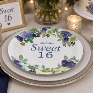 Marineblauwe Saliegroene Bloemige Sweet 16 Verjaar Papieren Bordje