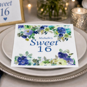 Marineblauwe Saliegroene Bloemige Sweet 16 Verjaar Servet