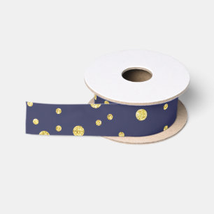Marineblauwe satijnen lint met gouden polka stippe