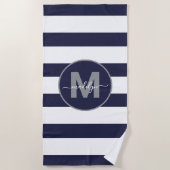 Marineblauwe Scheepsstreep Naam Initiaalmonogram Strandlaken (Voorkant)