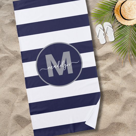 Marineblauwe Scheepsstreep Naam Initiaalmonogram Strandlaken