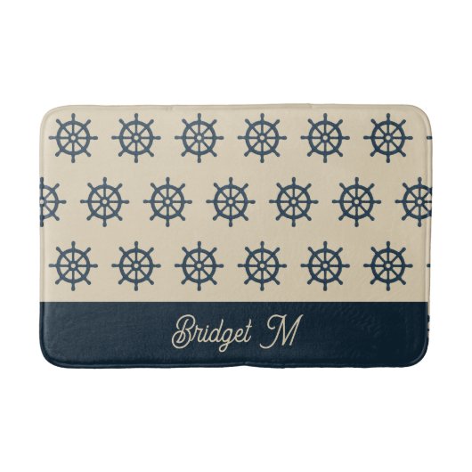 marineblauwe scheepswiel & Monogram Beige kusthuis Badmat (Voorkant)