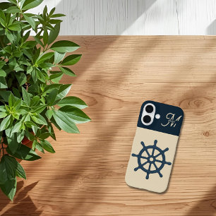 marineblauwe scheepswiel & Monogram Beige Kusthuis iPhone 16 Hoesje