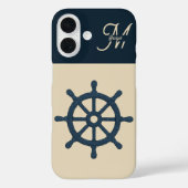 marineblauwe scheepswiel & Monogram Beige Kusthuis Case-Mate iPhone Case (Achterkant)