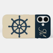 marineblauwe scheepswiel & Monogram Beige Kusthuis Case-Mate iPhone Case (Achterkant (horizontaal))