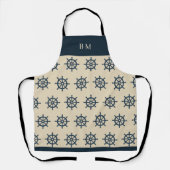 marineblauwe scheepswiel & Monogram Beige Kusthuis Schort (Voorkant)