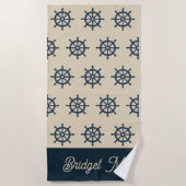 marineblauwe scheepswiel & Monogram Beige Kusthuis Strandlaken (Voorkant)