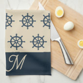 marineblauwe scheepswiel & Monogram Beige Kusthuis Theedoek (Quarter Fold)