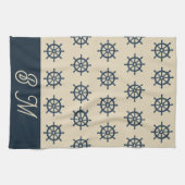 marineblauwe scheepswiel & Monogram Beige Kusthuis Theedoek (Horizontaal)