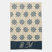 marineblauwe scheepswiel & Monogram Beige Kusthuis Theedoek (Verticaal)