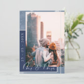 Marineblauwe Script Foto Save the Date Kaart (Staand voorkant)